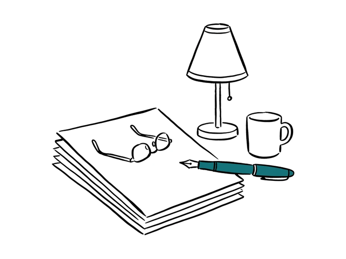 An ink drawing of a reading desk with a lamp, reading glasses, a stack of drafts, a mug, and a teal pen.