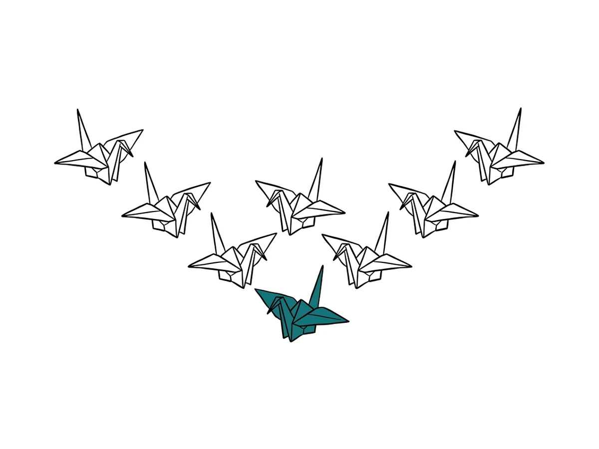 An ink drawing of nine small cranes flying in a V formation; the lead crane is teal.