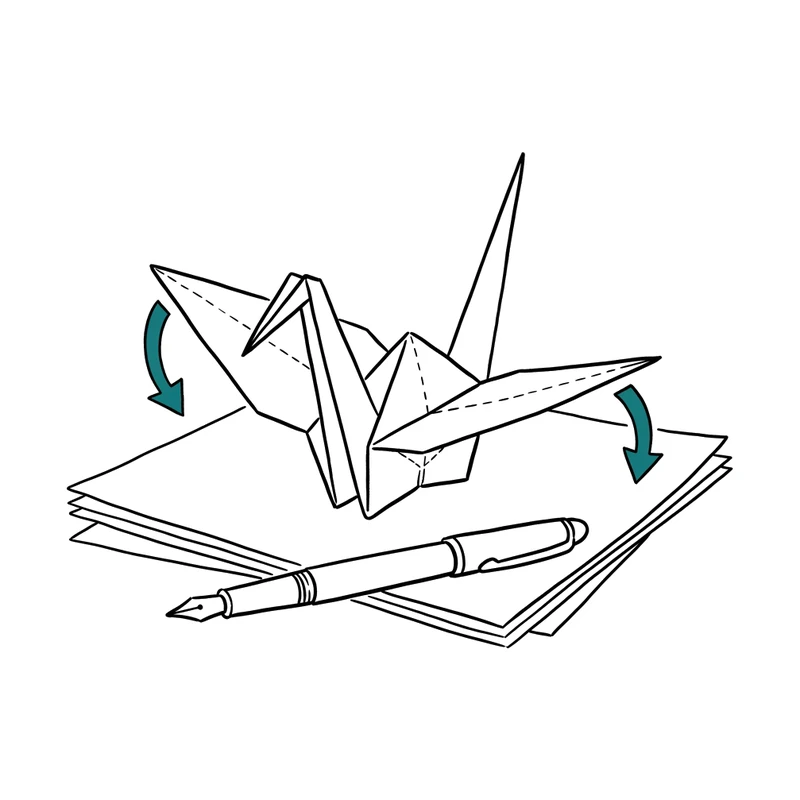 An ink origami-diagram of a crane on a stack of drafts with a fountain pen; two teal fold-arrows show the wings being pulled down and apart.