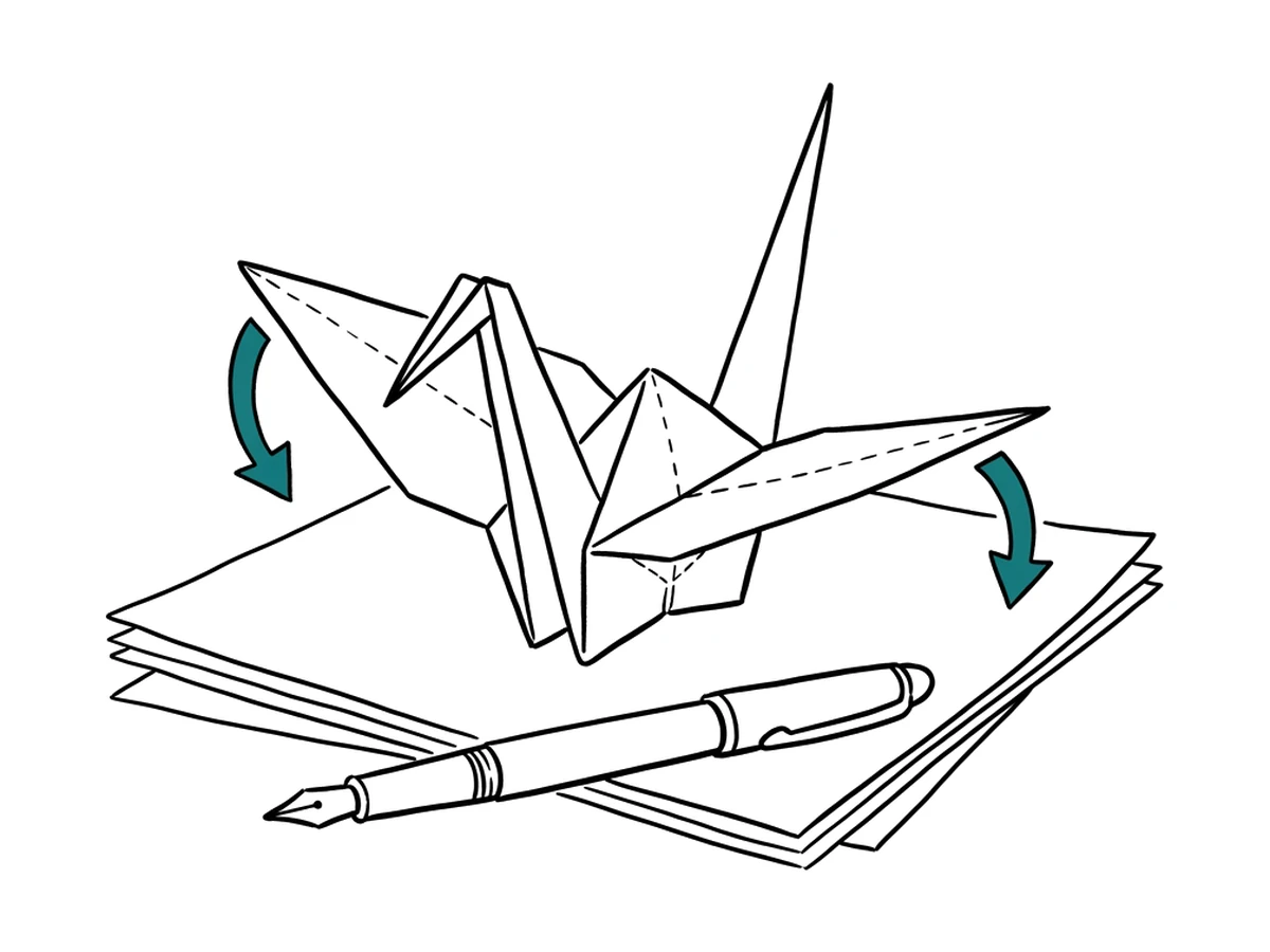 An ink origami-diagram of a crane on a stack of drafts with a fountain pen; two teal fold-arrows show the wings being pulled down and apart.