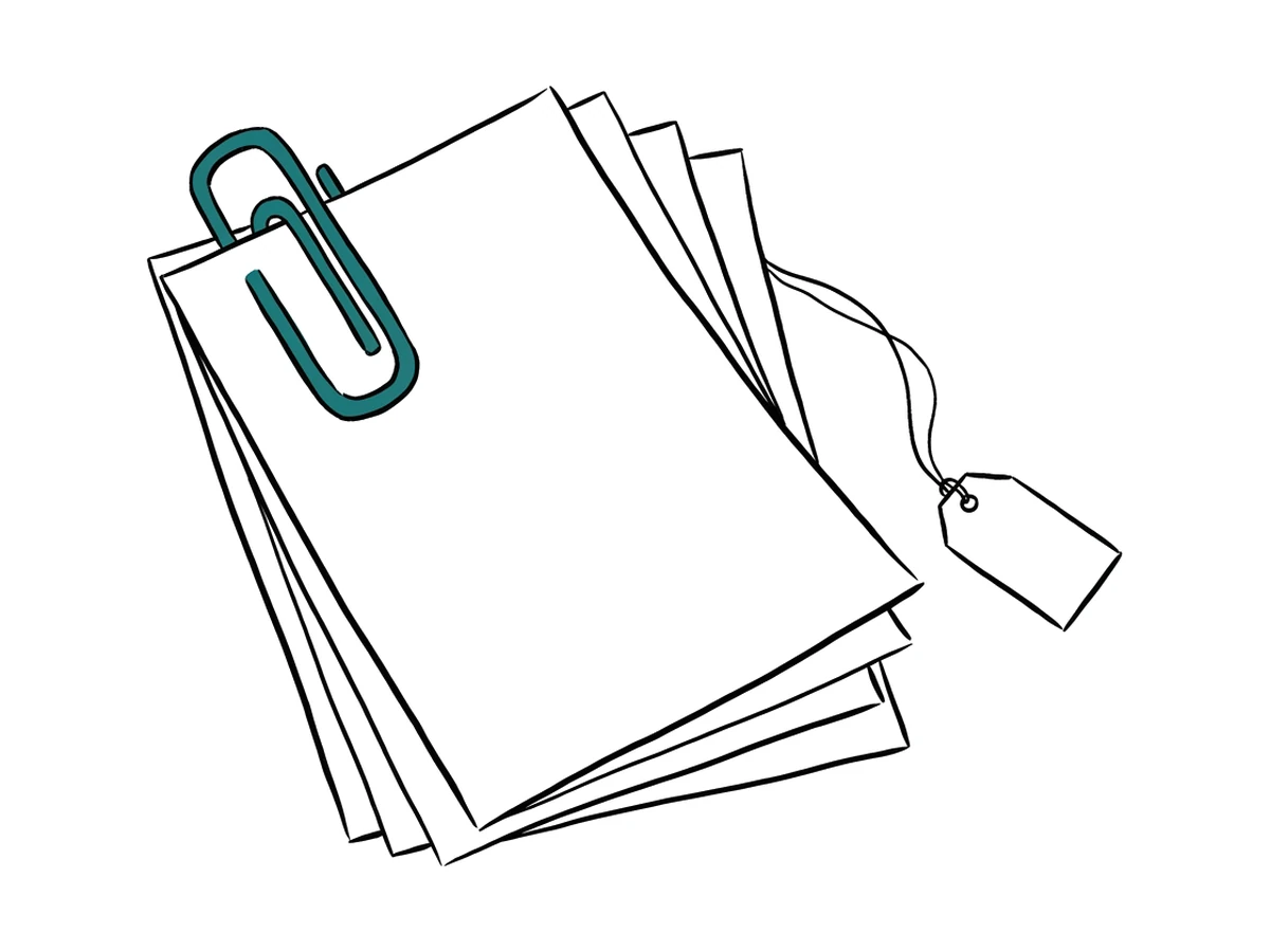 An ink drawing of four blank sheets held by one oversized paper clip, a small tag beside them; the clip is teal.