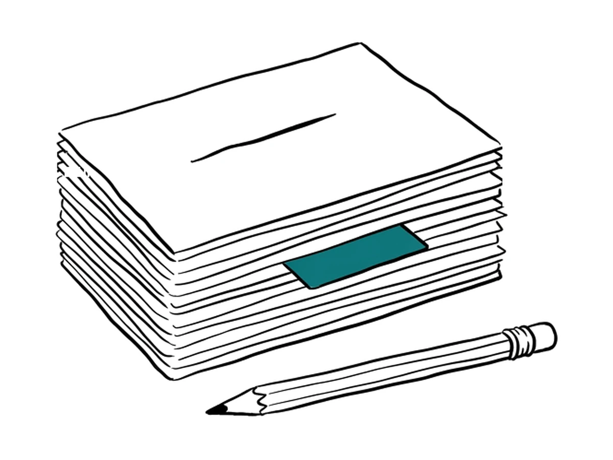 An ink drawing of a neat stack of index cards with a pencil in front; one small tab clipped to the stack is teal.