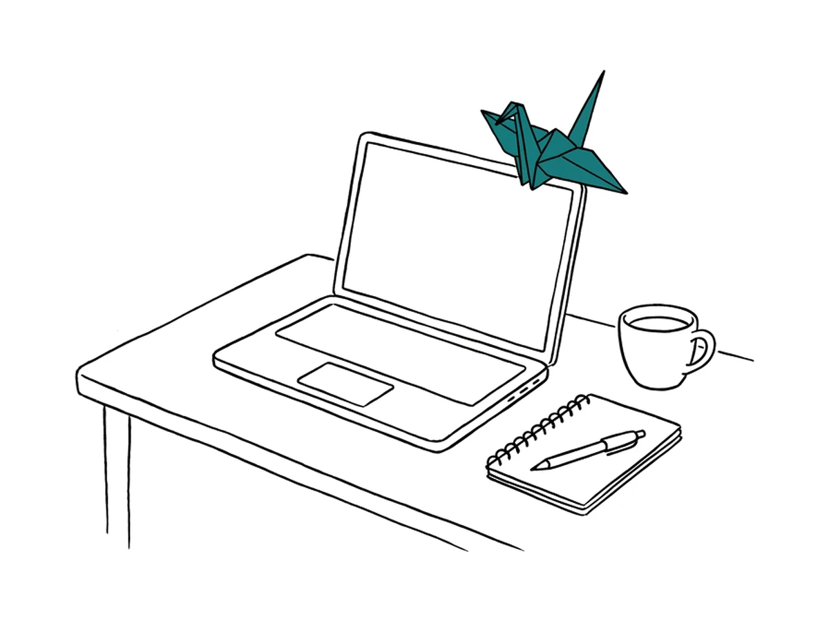 An ink drawing of an open laptop on a desk with a notebook and a coffee mug; a small teal origami crane stands on the laptop’s edge.