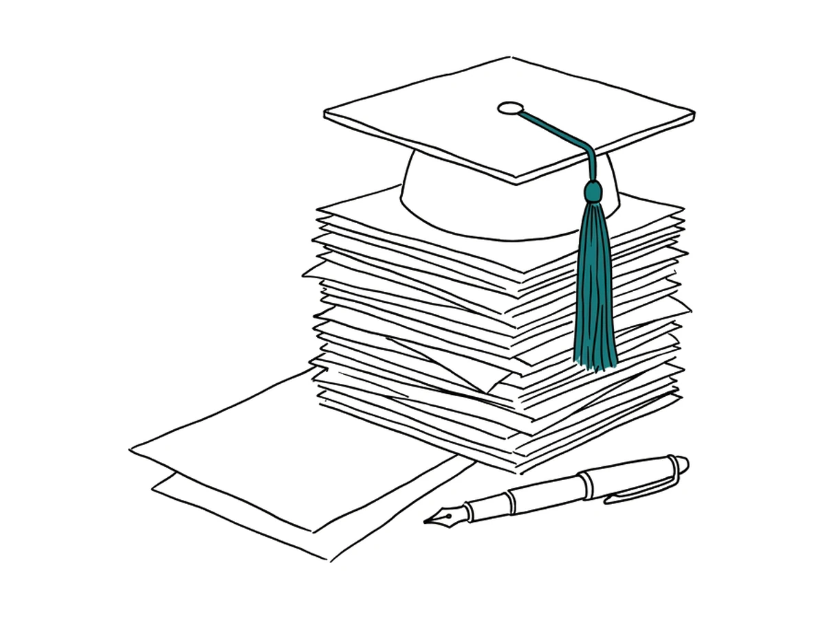An ink drawing of a graduation cap resting on a tall stack of application drafts, a fountain pen in front; the cap’s tassel is teal.