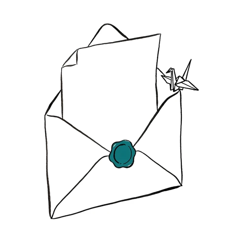 An ink drawing of an open envelope with a letter rising out and a small crane perched on its corner; the seal is teal.