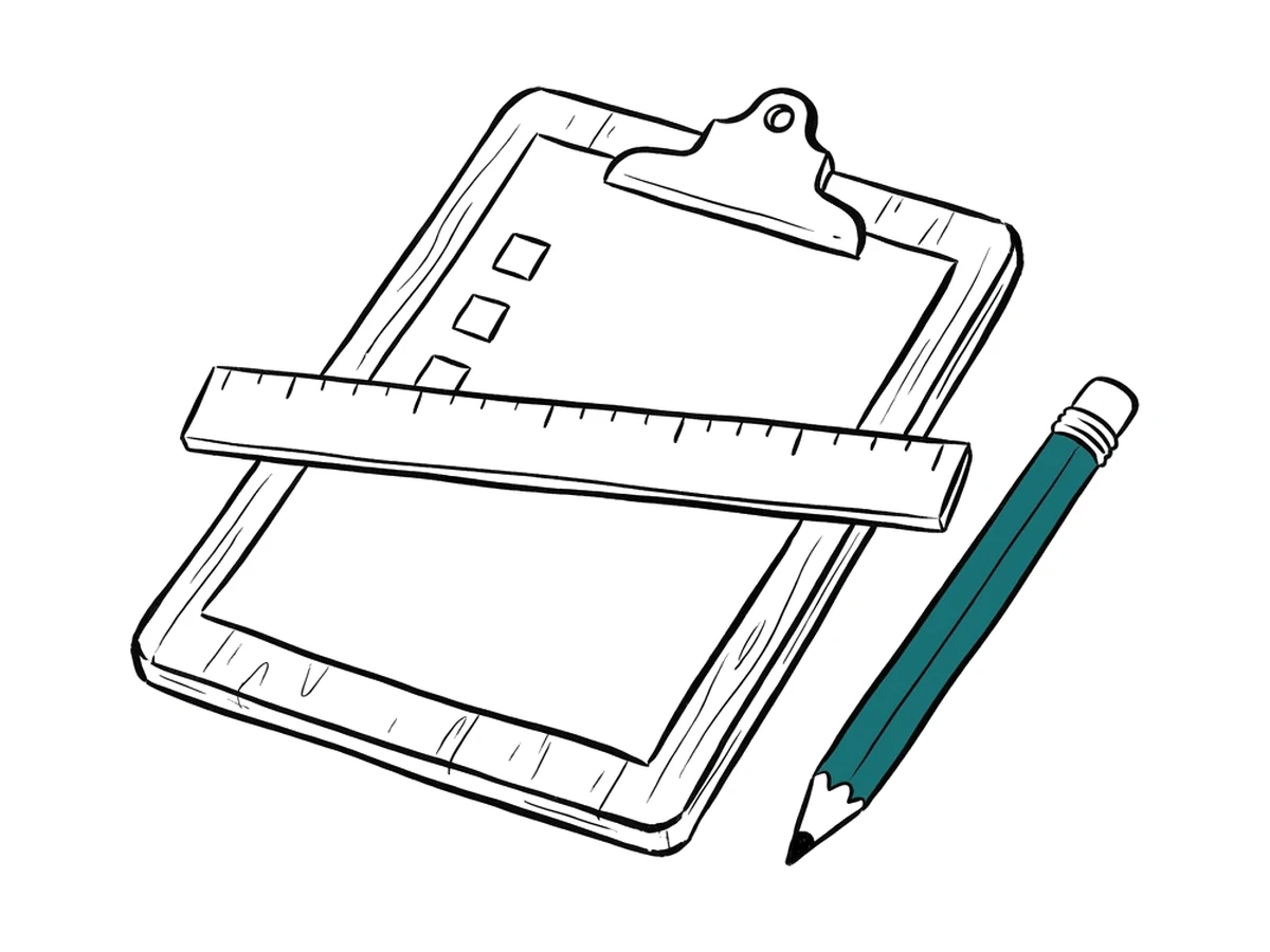 An ink drawing of a clipboard holding a blank checklist, a ruler, and a teal pencil.