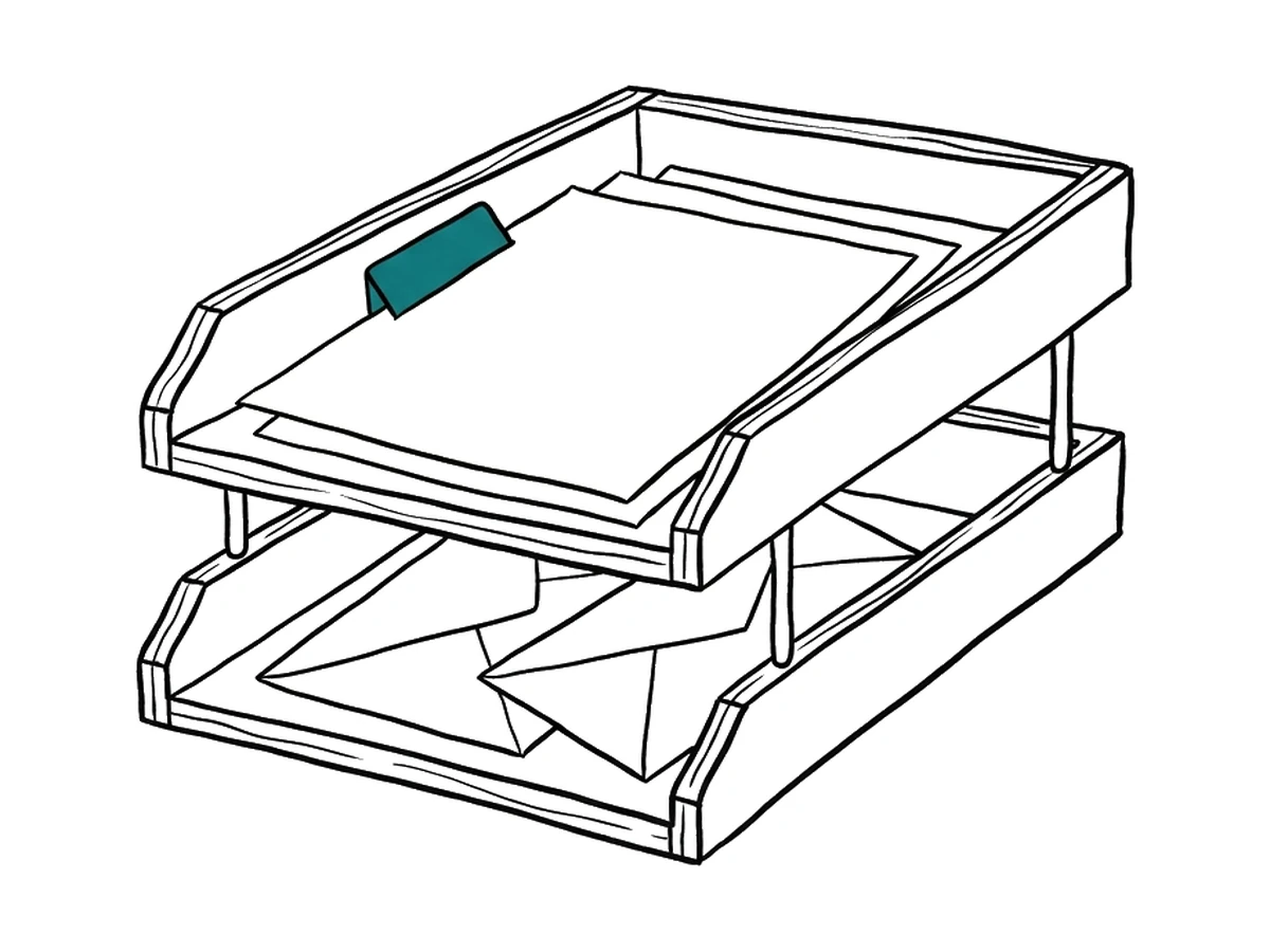 An ink drawing of a two-tier letter tray holding a stack of pages and a few envelopes; one tab is teal.