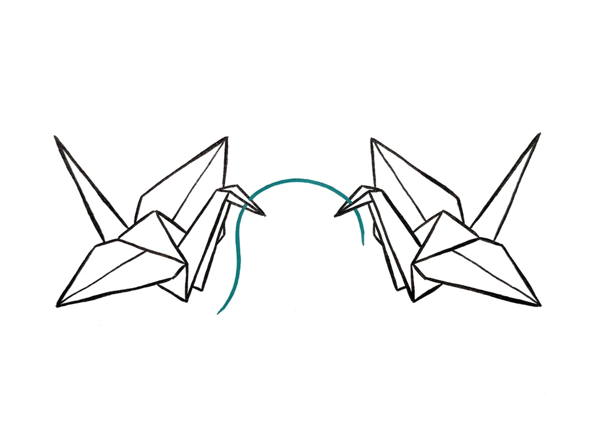 An ink drawing of two cranes facing each other, joined by a thin teal thread.