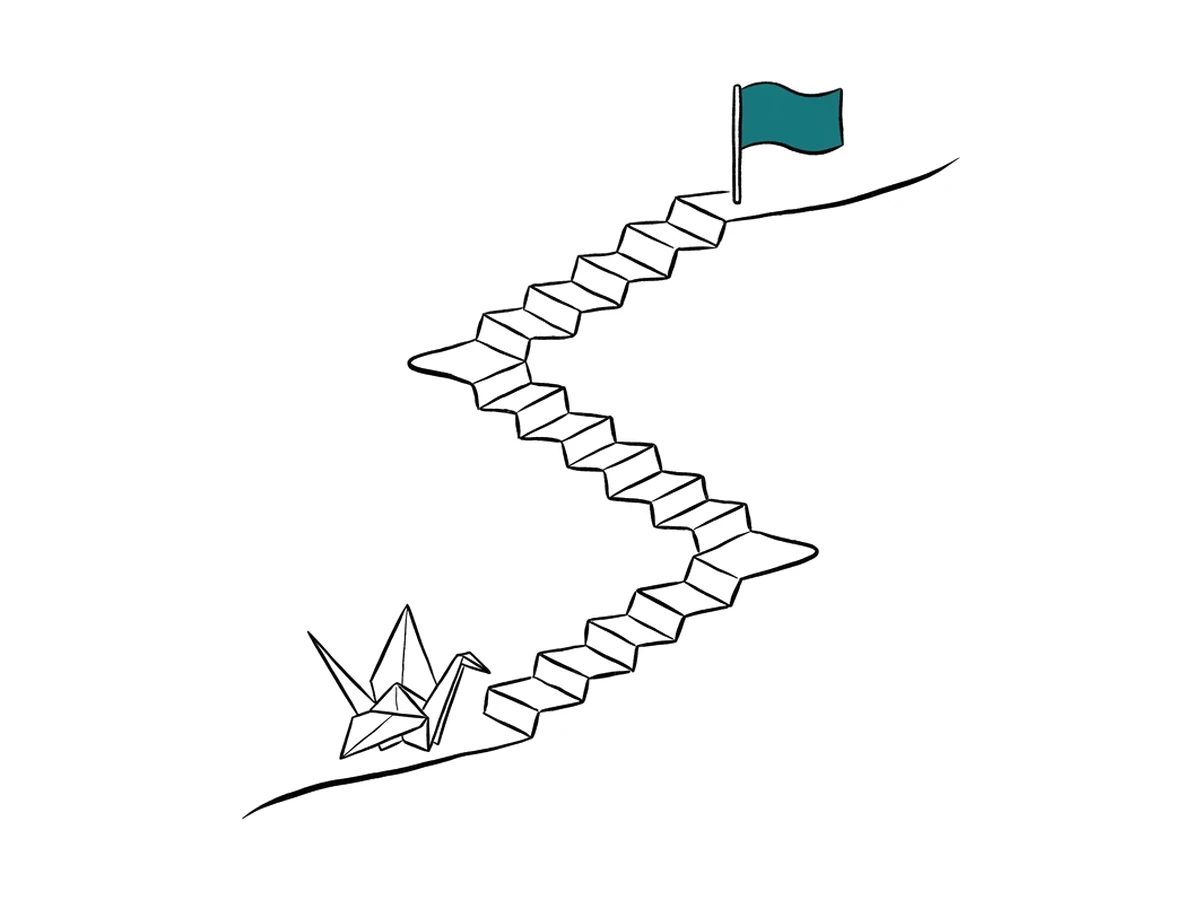 An ink drawing of a winding paper staircase with a teal flag at the top and a small crane at the bottom.