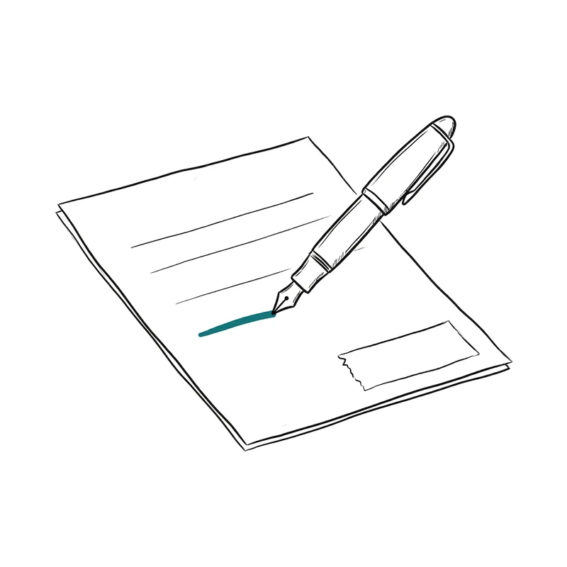 An ink drawing of a ruled sheet with a fountain pen that has just drawn one teal underline.