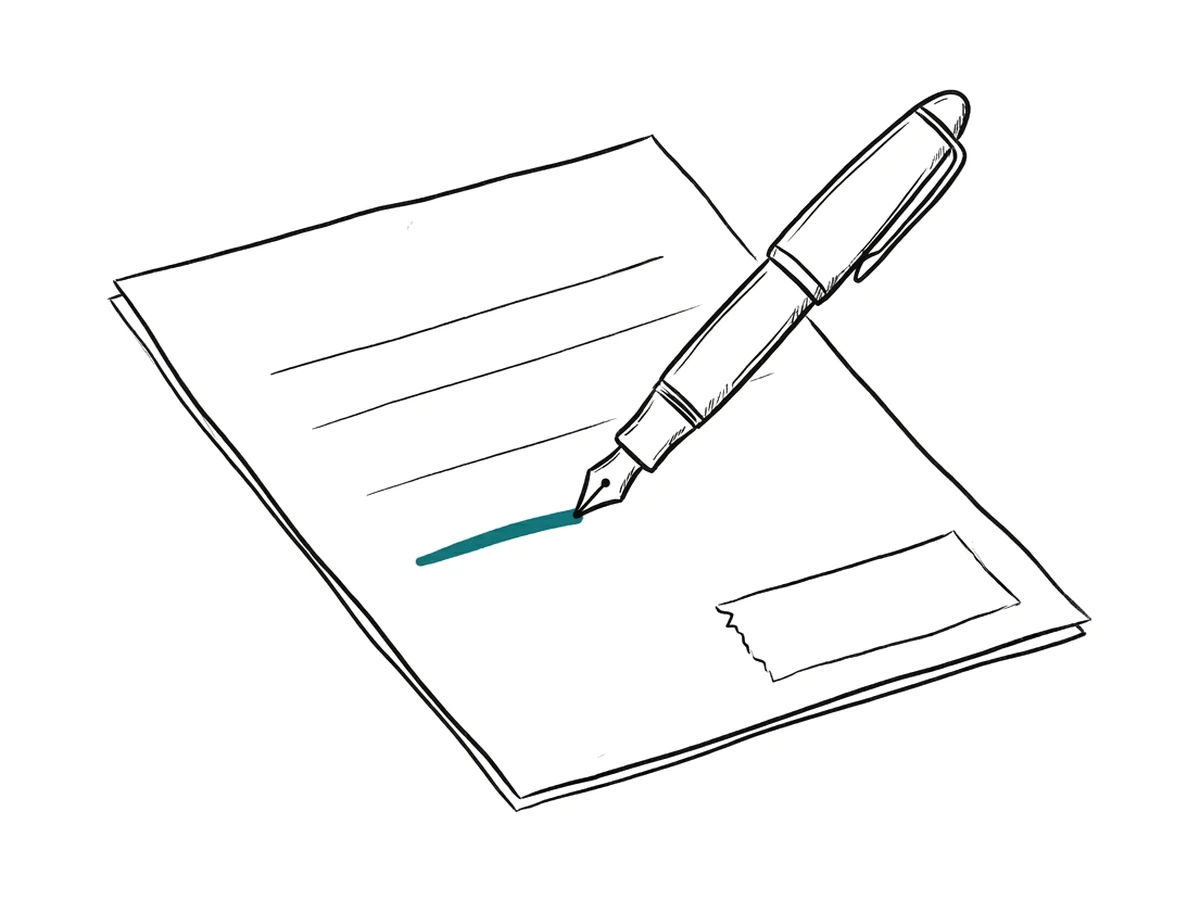 An ink drawing of a ruled sheet with a fountain pen that has just drawn one teal underline.